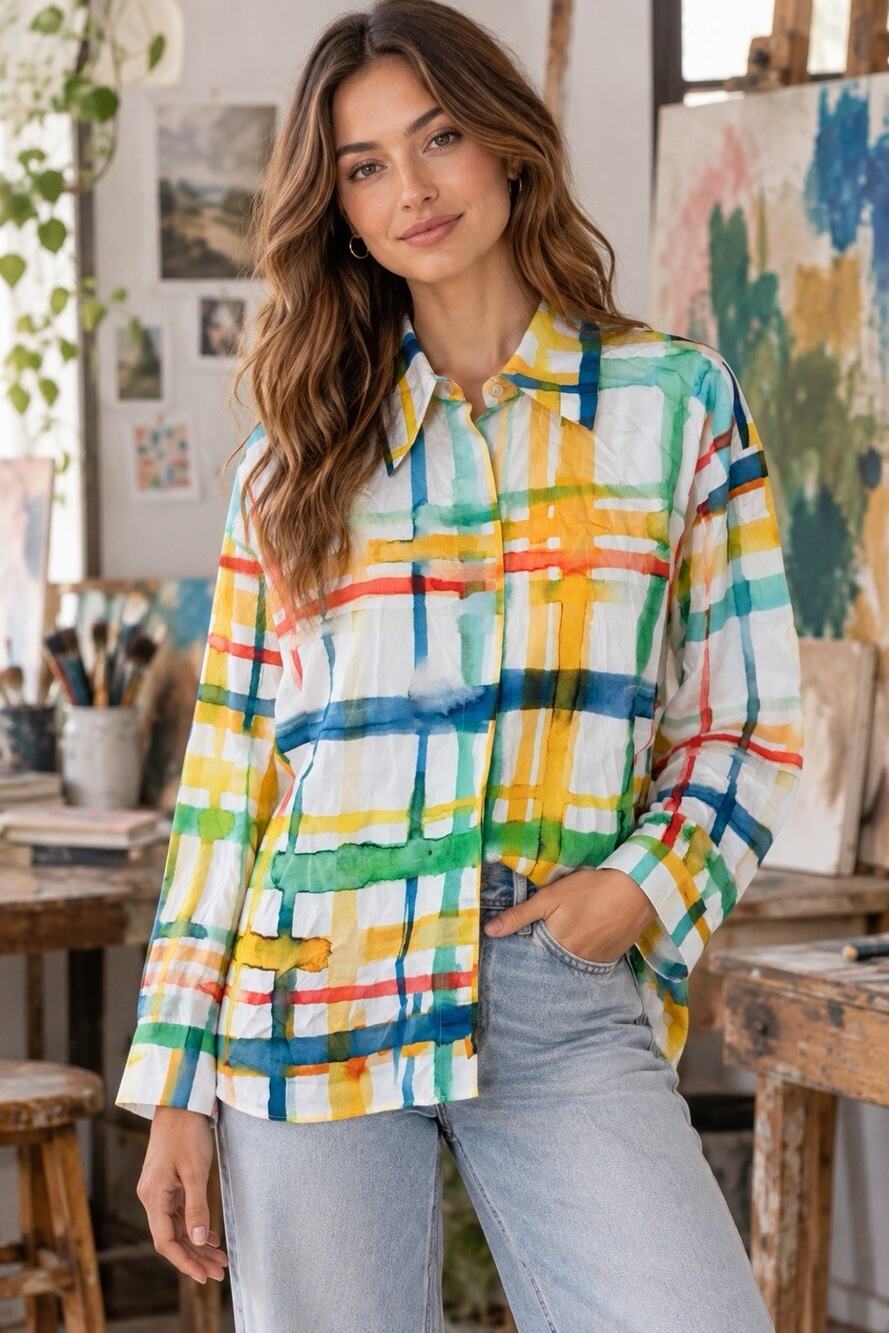 Uterque Watercolor Plaid Button Up Shirt Abstract Colorful Blouse Size Small
